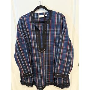 Festive Classy Women's JINGLE BELLES Kim Gravel Navy Red Plaid Blouse Sz 2X